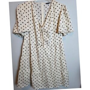 Simplee Plus Cream Brown Polka Dot Babydoll‎ Dress 1XL Puff Sleeve Tiered Dainty